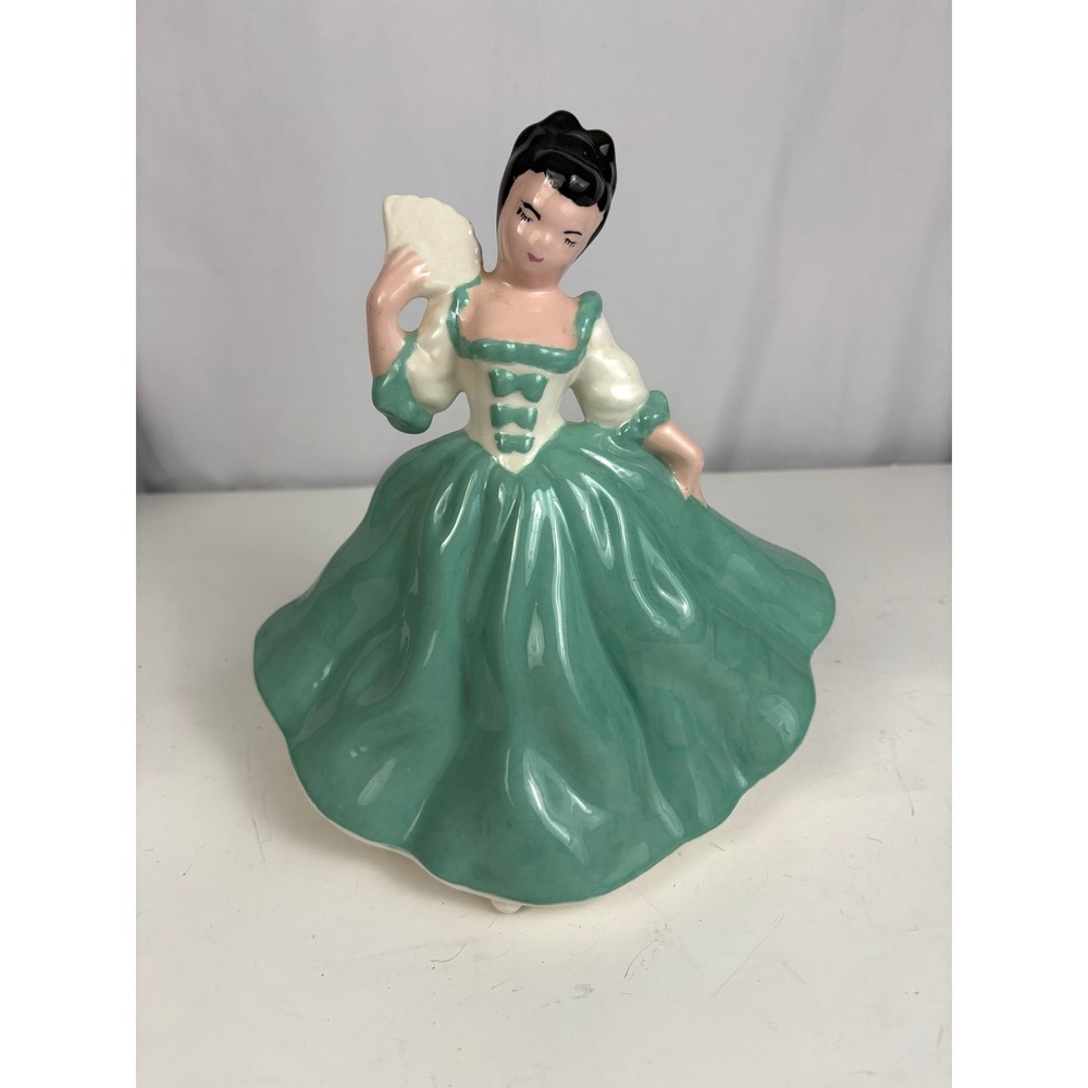 Vintage Porcelain Lady Figurine Aqua Dress Fan‎ Girl Japan Ceramic